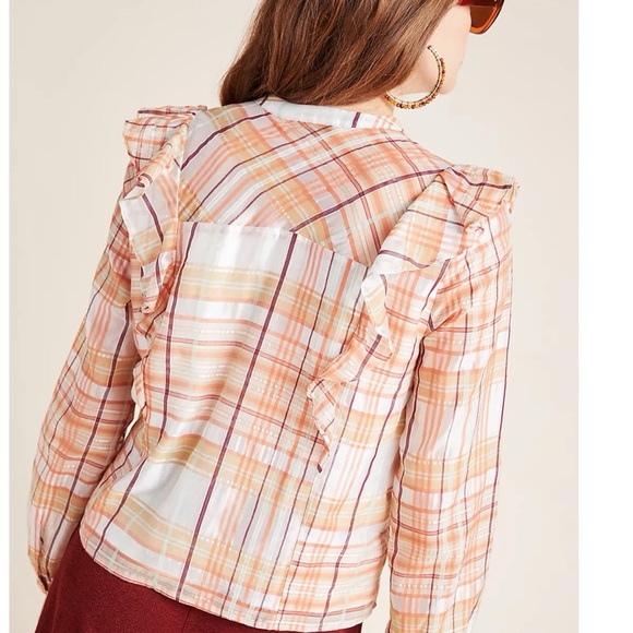 NWOT Anthropologie Polly Ruffled Peasant Blouse Plaid Top Medium - Picture 6 of 16